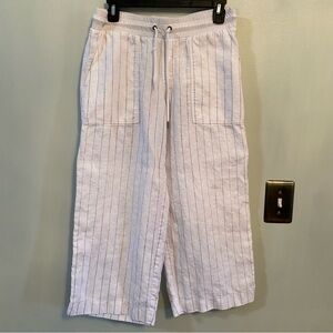 Athleta Linen striped white wide leg drawstring cropped  pant size 6